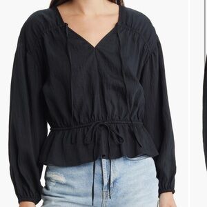 Rails Black V-Neck Drawstring Peplum Blouse